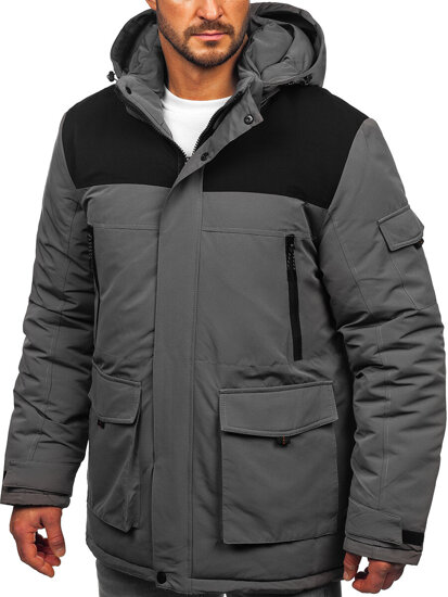 Bolf Herren Winterjacke mit Kapuze Schwarzgrau  22M322