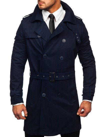 Bolf Herren Zweireihiger Mantel Trenchcoat mit Stehkragen und Gürtel Dunkelblau  5569