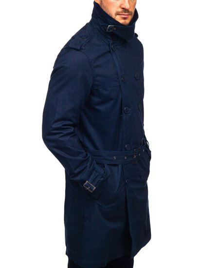 Bolf Herren Zweireihiger Mantel Trenchcoat mit Stehkragen und Gürtel Dunkelblau  5569