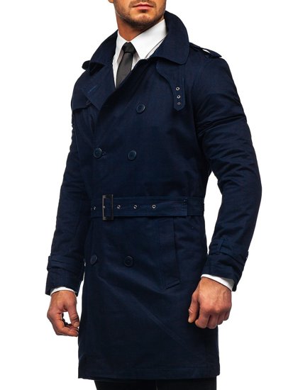 Bolf Herren Zweireihiger Mantel Trenchcoat mit Stehkragen und Gürtel Dunkelblau  5569