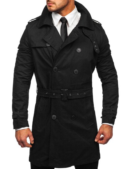 Bolf Herren Zweireihiger Mantel Trenchcoat mit Stehkragen und Gürtel Schwarz  5569