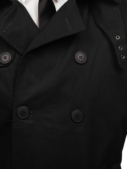 Bolf Herren Zweireihiger Mantel Trenchcoat mit Stehkragen und Gürtel Schwarz  5569