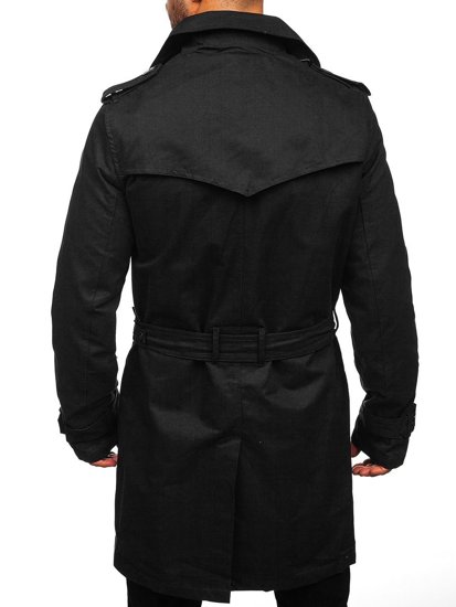 Bolf Herren Zweireihiger Mantel Trenchcoat mit Stehkragen und Gürtel Schwarz  5569