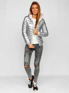 Bolf Damen Gepolsterte Übergangsjacke mit Kapuze Silber  B9561