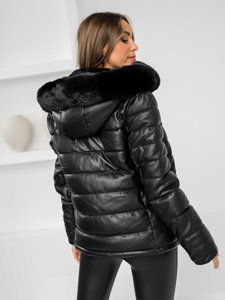 Bolf Damen Gepolsterte Winterjacke Kunstlederjacke mit Kapuze Schwarz  11Z8070