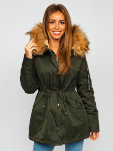 Bolf Damen Gepolsterte Winterjacke Parka mit Kapuze Khaki  B532