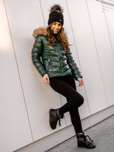 Bolf Damen Gepolsterte Winterjacke mit Kapuze Grün  6830