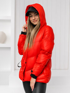 Bolf Damen Gepolsterte Winterjacke mit Kapuze Rot  23065