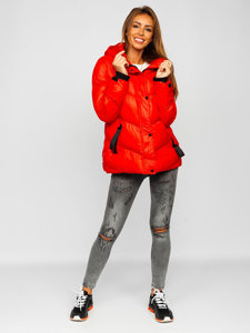 Bolf Damen Gepolsterte Winterjacke mit Kapuze Rot  23065