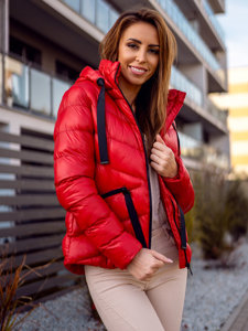 Bolf Damen Gepolsterte Winterjacke mit Kapuze Rot  23066