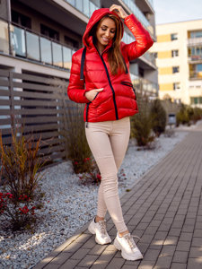 Bolf Damen Gepolsterte Winterjacke mit Kapuze Rot  23066