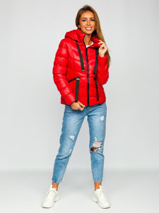 Bolf Damen Gepolsterte Winterjacke mit Kapuze Rot  23066