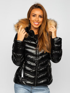 Bolf Damen Gepolsterte Winterjacke mit Kapuze Schwarz  6830