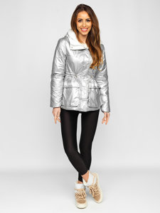 Bolf Damen Gepolsterte Winterjacke mit Kapuze Silber  B9570