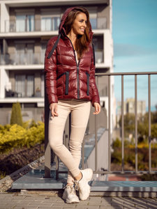 Bolf Damen Gepolsterte Winterjacke mit Kapuze Weinrot  23066