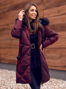 Bolf Damen Gepolsterte Winterjacke mit Kapuze Weinrot  23070