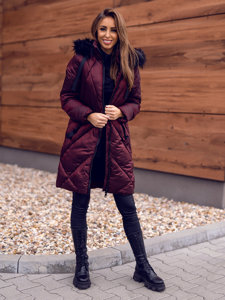 Bolf Damen Gepolsterte Winterjacke mit Kapuze Weinrot  23070