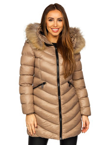 Bolf Damen Gepolsterter Wintermantel Winterjacke mit Naturfell Braun M688