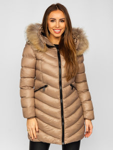 Bolf Damen Gepolsterter Wintermantel Winterjacke mit Naturfell Braun M688