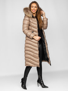 Bolf Damen Gepolsterter Wintermantel Winterjacke mit Naturfell Braun M699