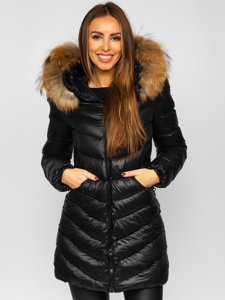 Bolf Damen Gepolsterter Wintermantel Winterjacke mit Naturfell Schwarz  M688