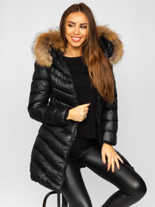 Bolf Damen Gepolsterter Wintermantel Winterjacke mit Naturfell Schwarz  M688