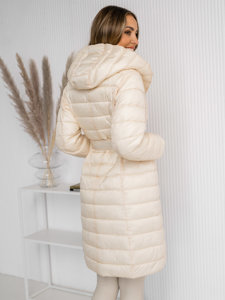 Bolf Damen Lange Gepolsterte Übergangsjacke Mantel mit Kapuze Beige  5M3159