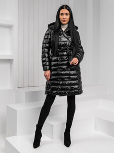 Bolf Damen Lange Gepolsterte Übergangsjacke Mantel mit Kapuze Schwarz  5M3159A1