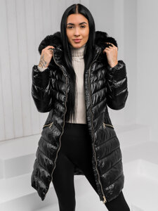 Bolf Damen Lange Gepolsterte Übergangsjacke Mantel mit Kapuze Schwarz  5M3162A1