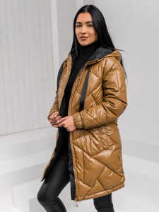 Bolf Damen Lange Gepolsterte WInterjacke Mantel mit Kapuze Braun  5M3189