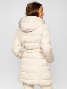 Bolf Damen Lange Gepolsterte Winterjacke Mantel mit Kapuze Beige  7086