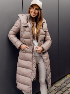 Bolf Damen Lange Gepolsterte Winterjacke Mantel mit Kapuze Braun  M689