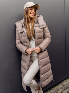 Bolf Damen Lange Gepolsterte Winterjacke Mantel mit Kapuze Braun  M689