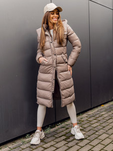 Bolf Damen Lange Gepolsterte Winterjacke Mantel mit Kapuze Braun  M689