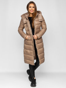 Bolf Damen Lange Gepolsterte Winterjacke Mantel mit Kapuze Braun  M689