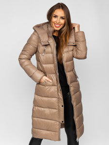 Bolf Damen Lange Gepolsterte Winterjacke Mantel mit Kapuze Braun  M689