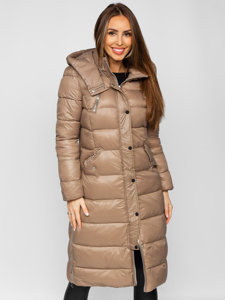 Bolf Damen Lange Gepolsterte Winterjacke Mantel mit Kapuze Braun  M689