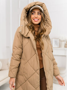 Bolf Damen Lange Gepolsterte Winterjacke Mantel mit Kapuze Camel 5M3173