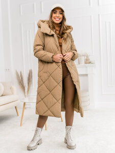 Bolf Damen Lange Gepolsterte Winterjacke Mantel mit Kapuze Camel 5M3173