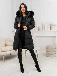 Bolf Damen Lange Gepolsterte Winterjacke Mantel mit Kapuze Schwarz  11Z8082