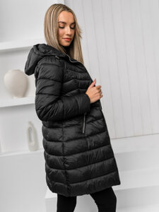 Bolf Damen Lange Gepolsterte Winterjacke Mantel mit Kapuze Schwarz  11Z8083