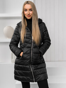 Bolf Damen Lange Gepolsterte Winterjacke Mantel mit Kapuze Schwarz  11Z8083