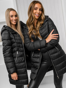 Bolf Damen Lange Gepolsterte Winterjacke Mantel mit Kapuze Schwarz  11Z8083A