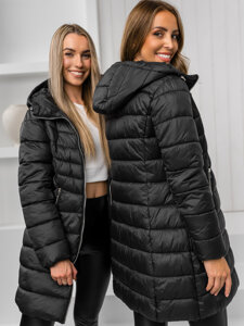 Bolf Damen Lange Gepolsterte Winterjacke Mantel mit Kapuze Schwarz  11Z8083A