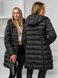 Bolf Damen Lange Gepolsterte Winterjacke Mantel mit Kapuze Schwarz  11Z8083A