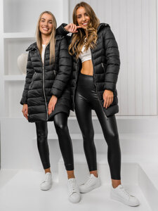 Bolf Damen Lange Gepolsterte Winterjacke Mantel mit Kapuze Schwarz  11Z8083A