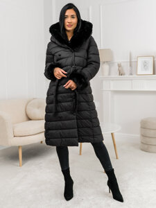 Bolf Damen Lange Gepolsterte Winterjacke Mantel mit Kapuze Schwarz  11Z8095