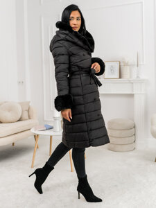 Bolf Damen Lange Gepolsterte Winterjacke Mantel mit Kapuze Schwarz  11Z8095