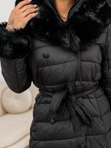 Bolf Damen Lange Gepolsterte Winterjacke Mantel mit Kapuze Schwarz  11Z8095