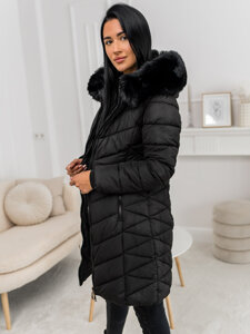 Bolf Damen Lange Gepolsterte Winterjacke Mantel mit Kapuze Schwarz  16M9195